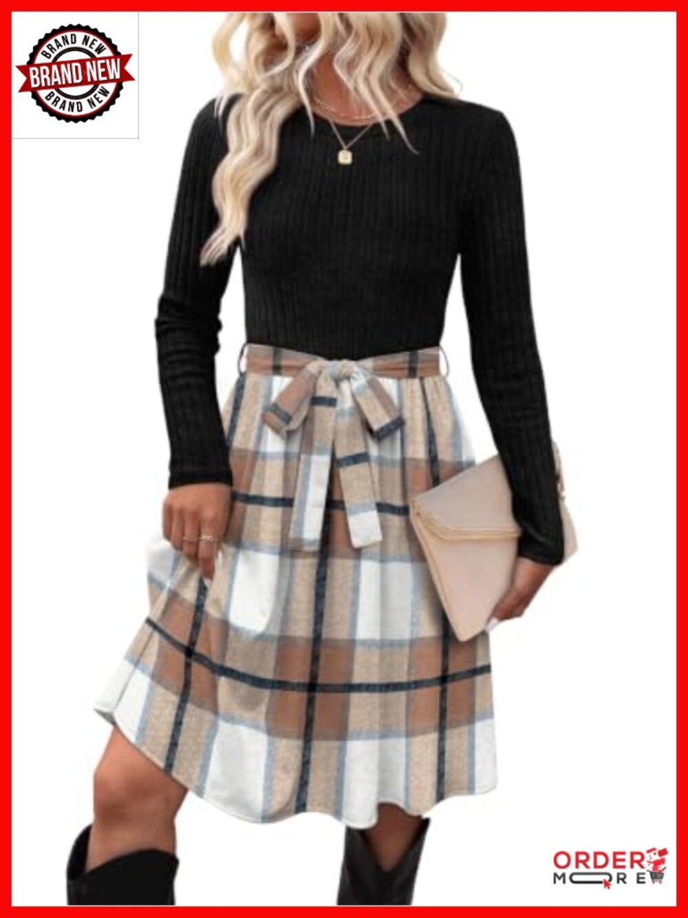 Women Long Sleeve Rib Knit Sweater Dress Midi A-Line with Pockets